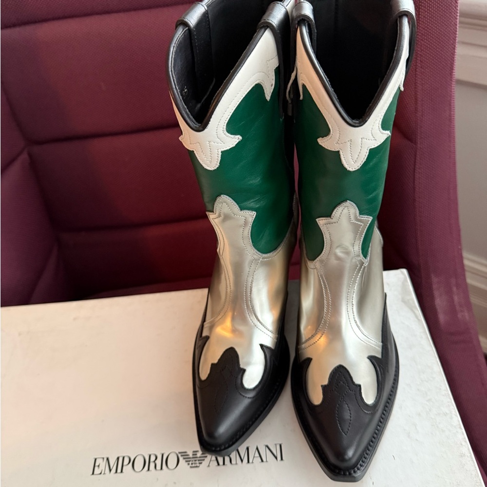 Emporio Armani Women's Black, Green, and Silver Heeled Boots EU 35